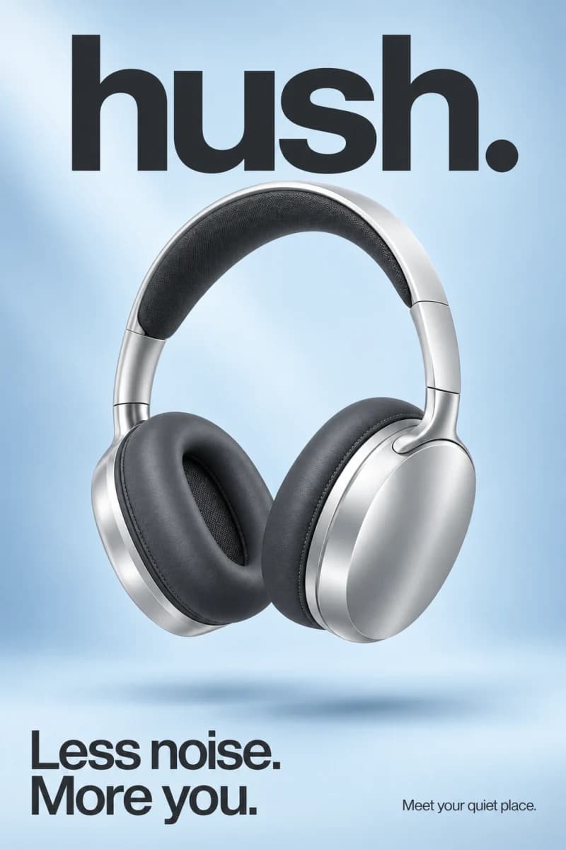 hush. headphone launch poster: Less noise. More you.